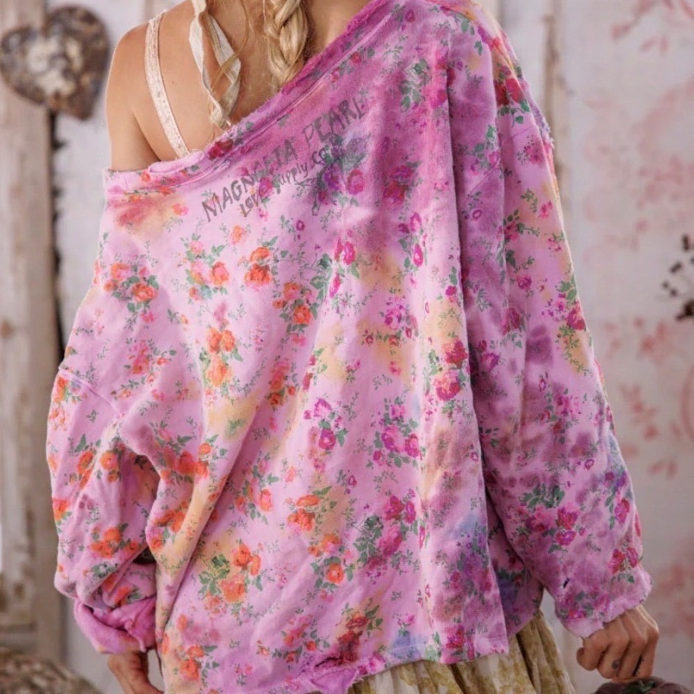 Magnolia Pearl RARE Songbird Floral Sweatshirt Purple Tie Dye Bird Distressed - Picture 2 of 16